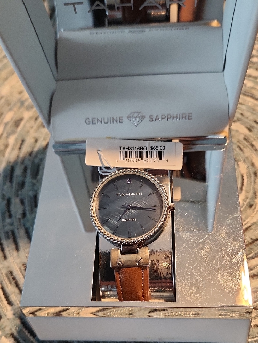 Tahari Sapphire Silver Case Watch with Brown Leather Strap and Black Dial